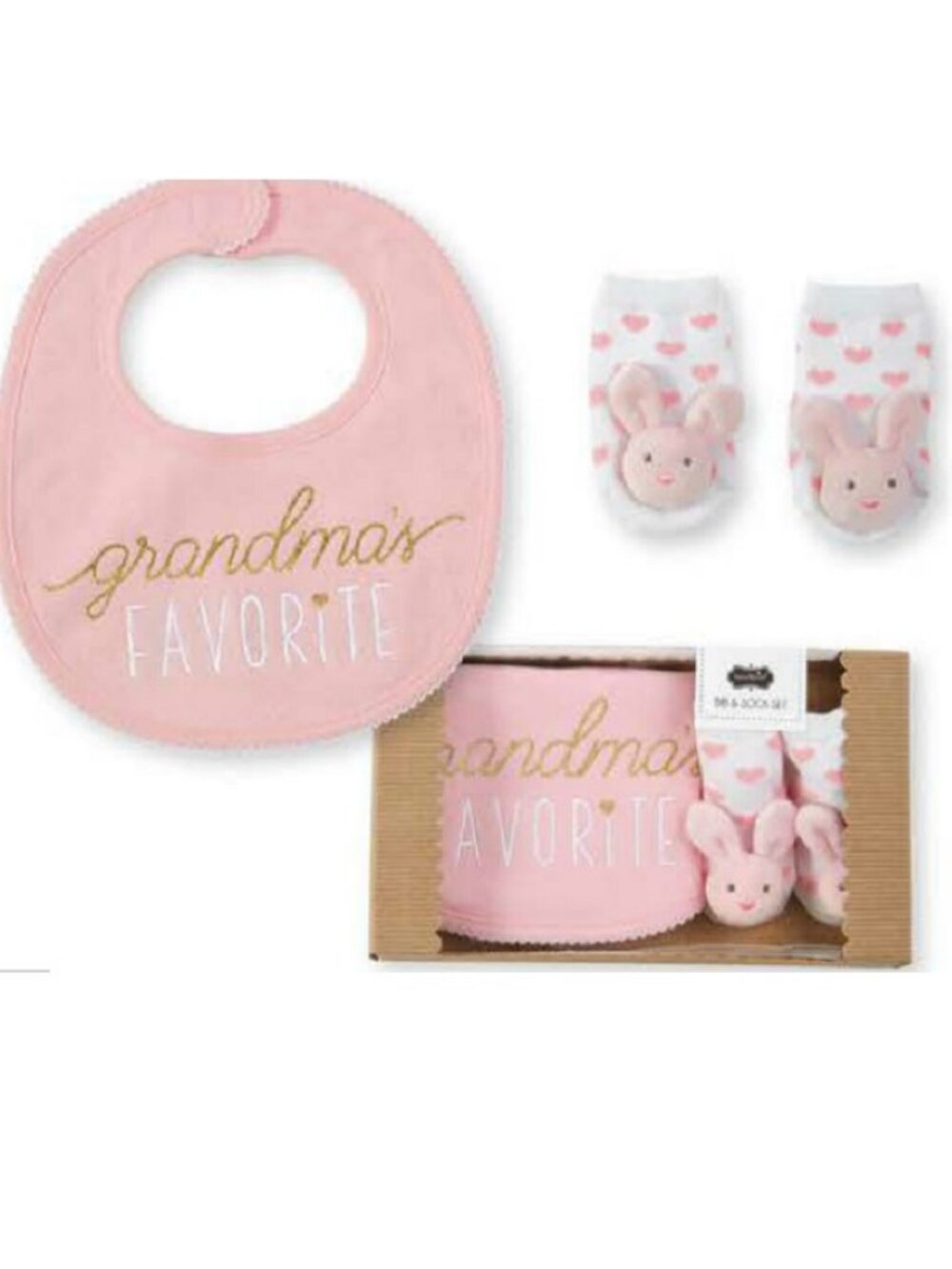 "Grandma's Favorite" Pink Bib and Heart Booties Baby Gift Set by Mud Pie